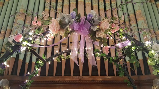 The banquet room of the historical wedding chapel in Richmond, Indiana.  The Olde North Chapel.